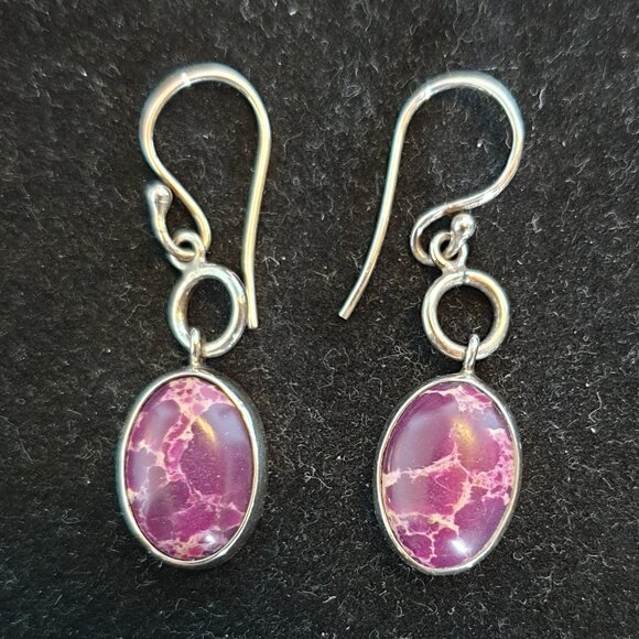 Rare Vintage Natural Purple Impression Jasper 925 Sterling Silver Dangle Earring - Picture 8 of 11